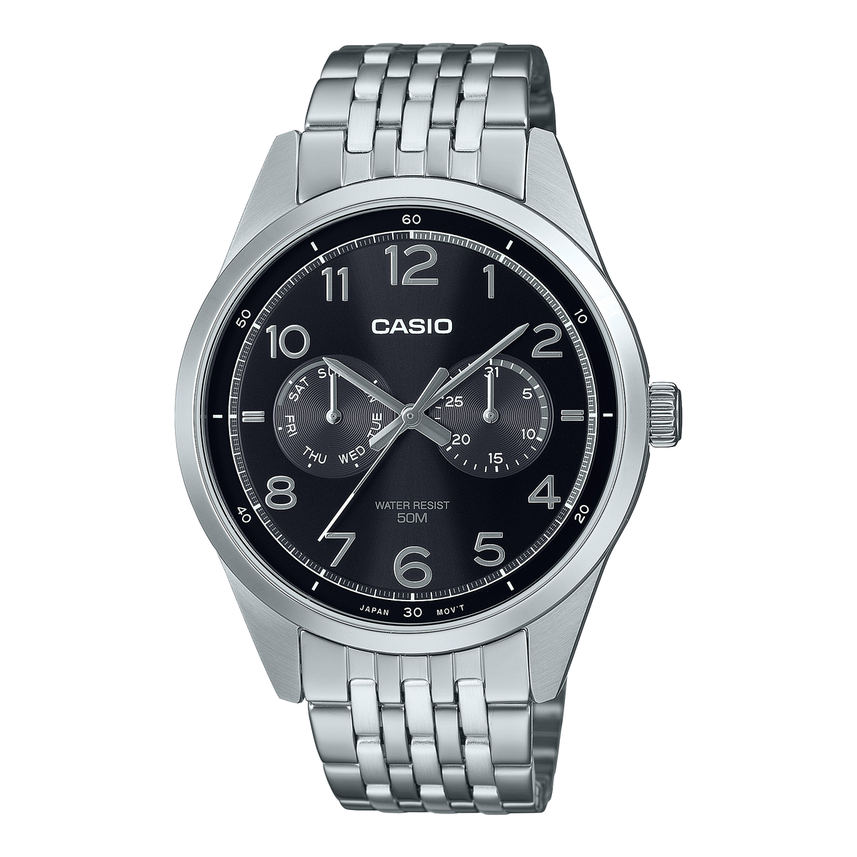 Casio Standard Analogue Black Dial Stainless Steel Watch MTPE340D-1A