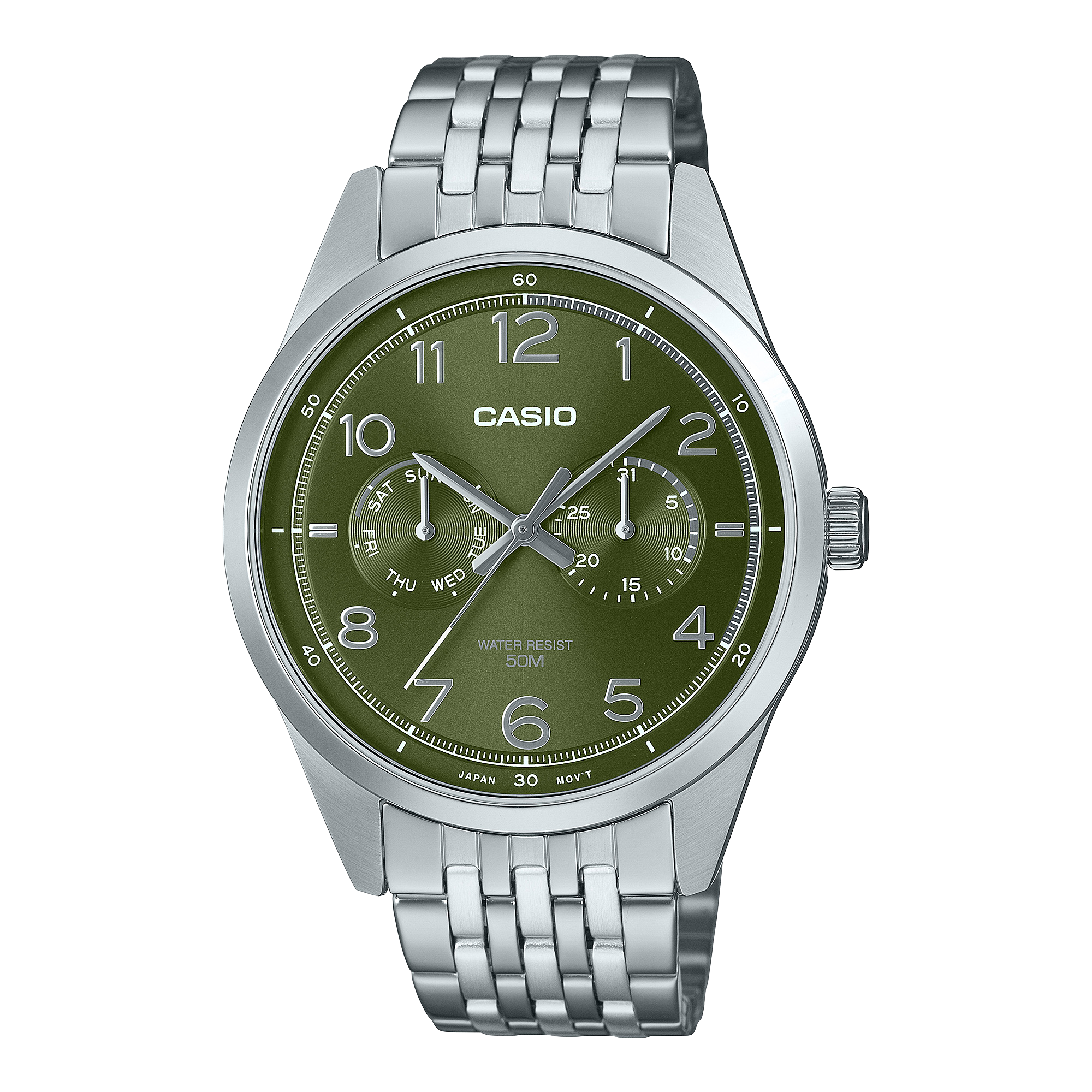 Casio Standard Analogue Green Dial Stainless Steel Watch MTPE340D-3A