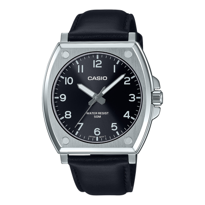 Casio Standard Analogue Black Dial Leather Strap Watch MTPE730L-1A