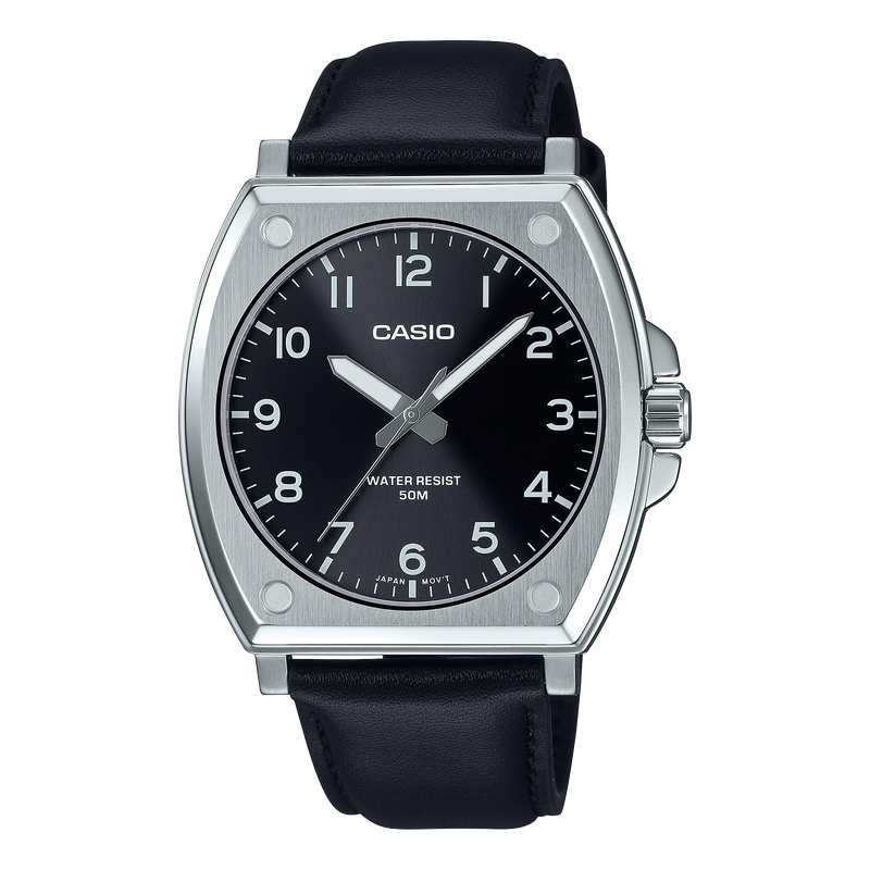 Casio Standard Analogue Black Dial Leather Strap Watch MTPE730L-1A
