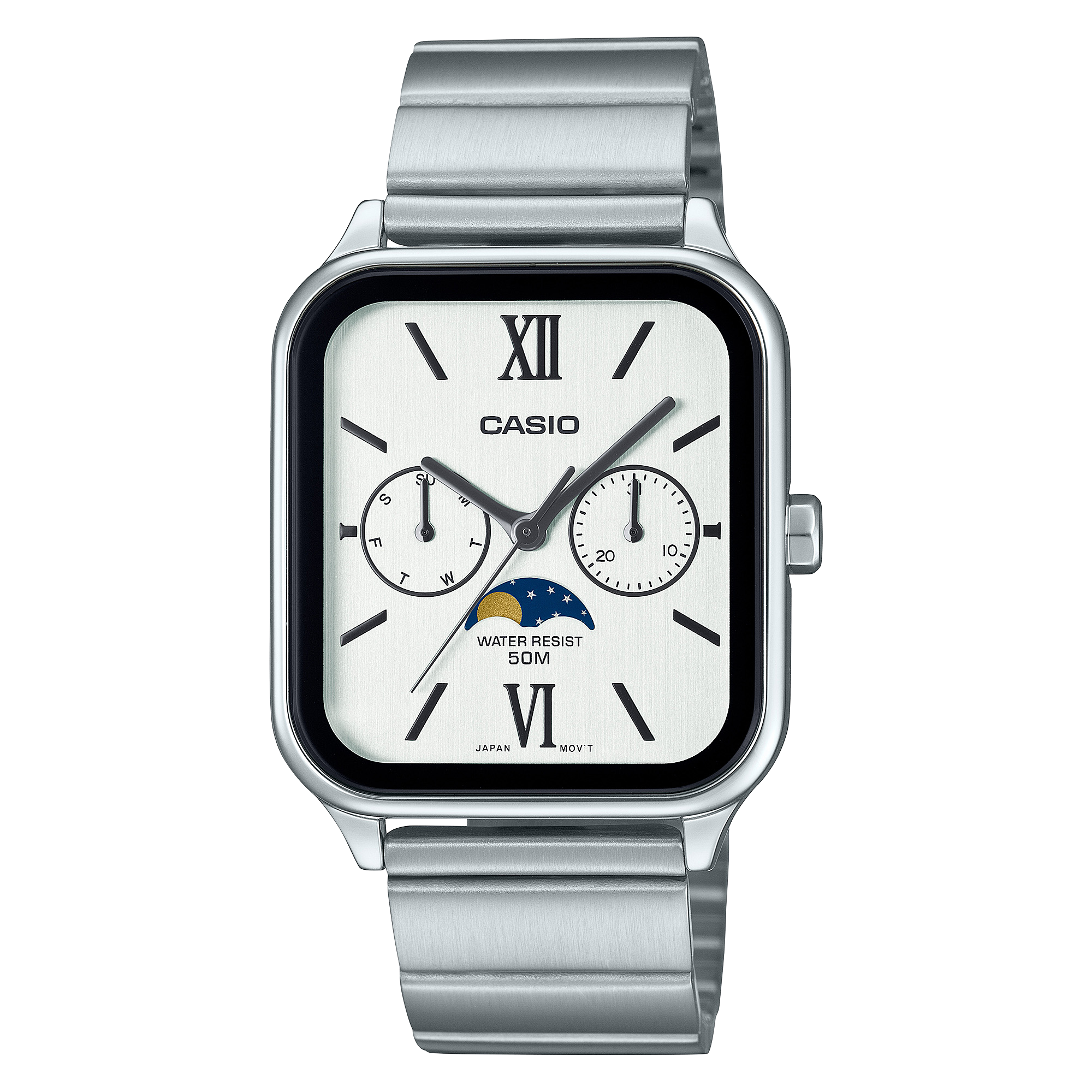 Casio Analogue Moon Phase White and Black Dial Stainless Steel Watch MTPM305D-7A2