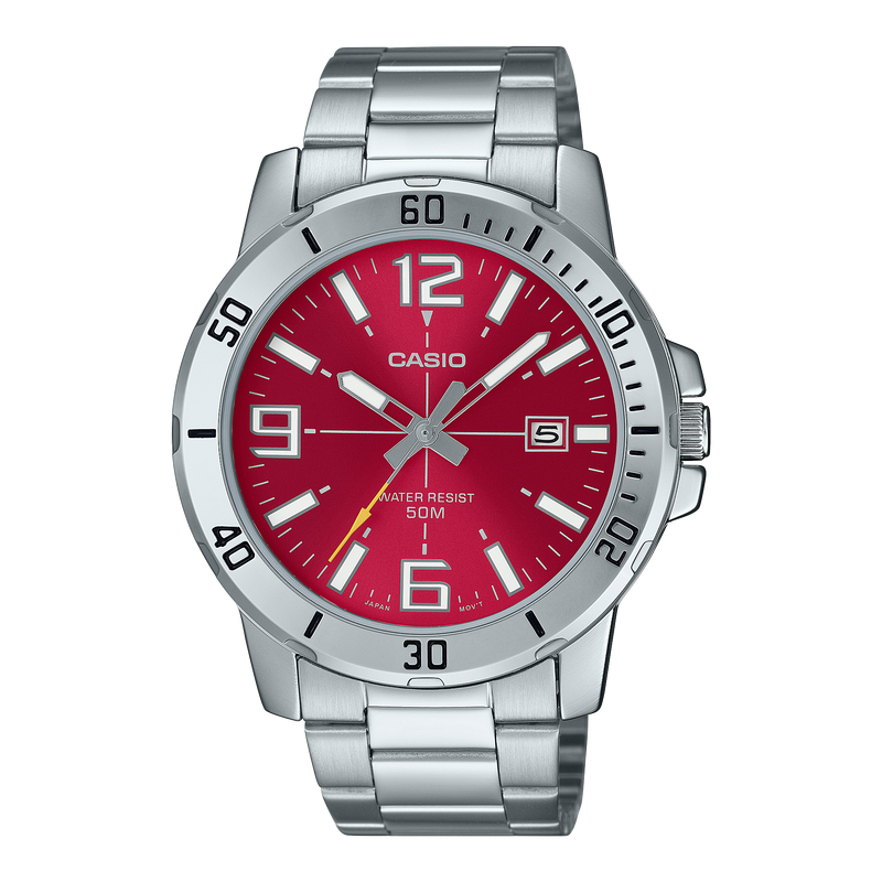 Casio Standard Analogue Red Dial Stainless Steel Watch MTPVD01D-4B