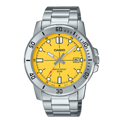 Casio Standard Analogue Yellow Dial Stainless Steel Watch MTPVD01D-9E
