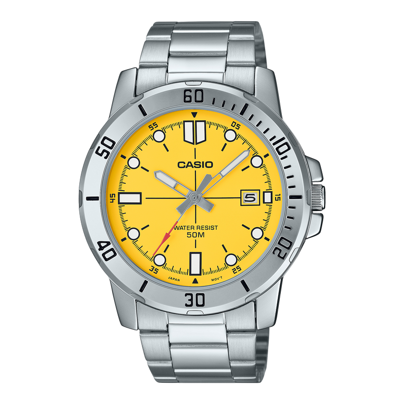 Casio Standard Analogue Yellow Dial Stainless Steel Watch MTPVD01D-9E