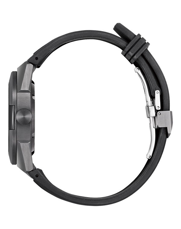 Sleek black wristwatch with a round face and rubber strap.