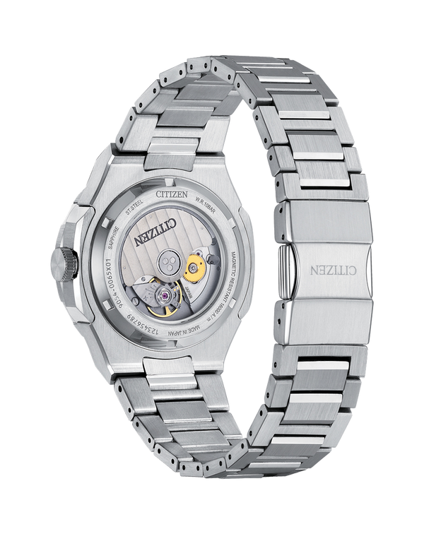 Silver wristwatch with a visible mechanical movement through the transparent case back.