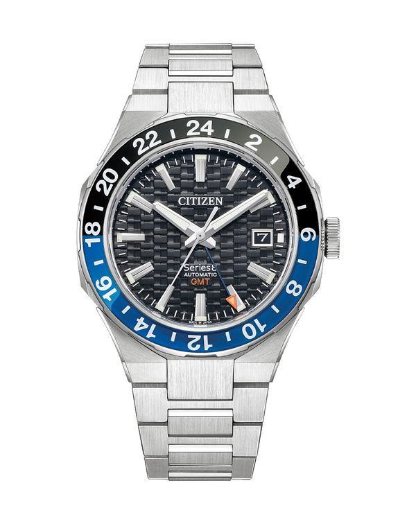Stainless steel Citizen wristwatch with a black and blue bezel and textured black dial.