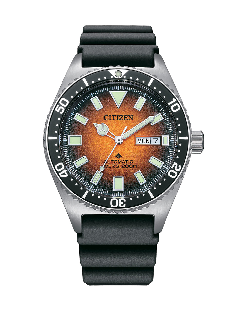 Citizen dive watch with an orange gradient dial and black rubber strap.
