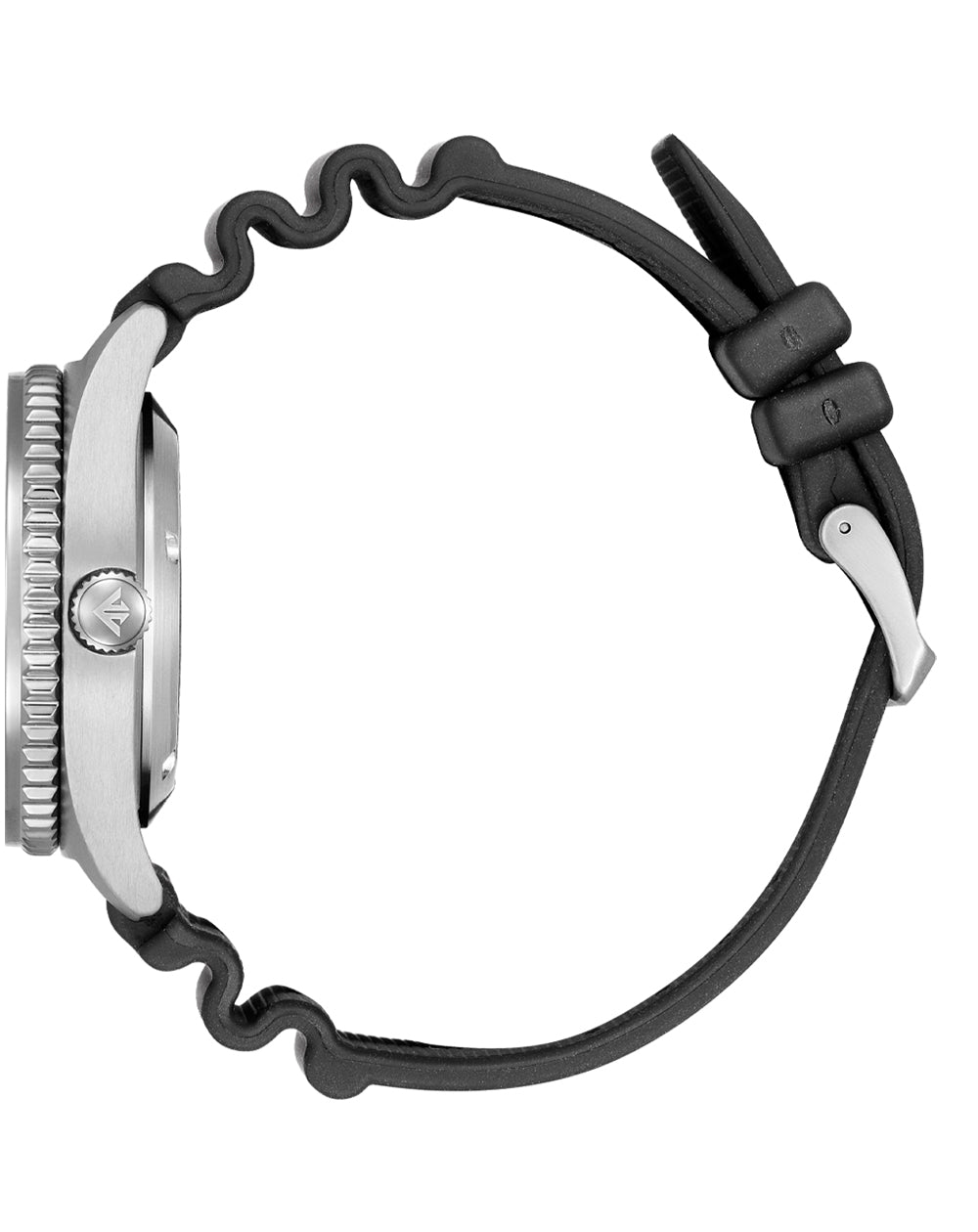 Wristwatch with a black rubber strap and silver-toned case.