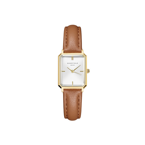 Rosefield Octagon XS White Gold  Light Brown Leather Watch OWBLG-O85
