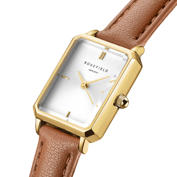 Rosefield Octagon XS White Gold  Light Brown Leather Watch OWBLG-O85