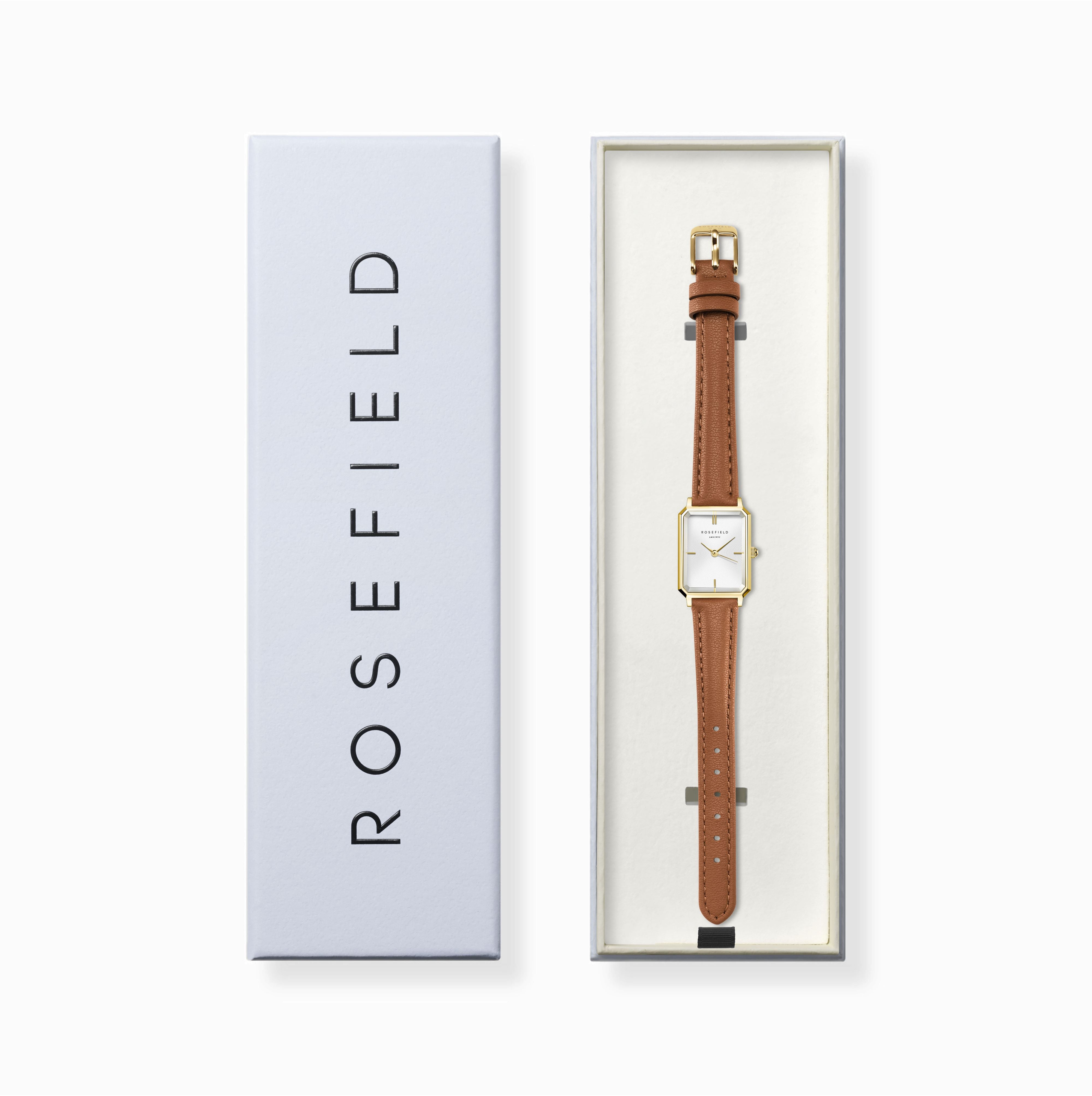 Rosefield Octagon XS White Gold  Light Brown Leather Watch OWBLG-O85
