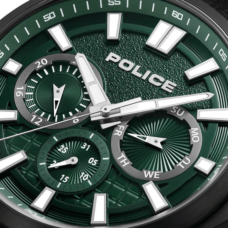 Police Chronograph Green Dial Black Leather Band Rangy Men's Watch PEWGF0021007