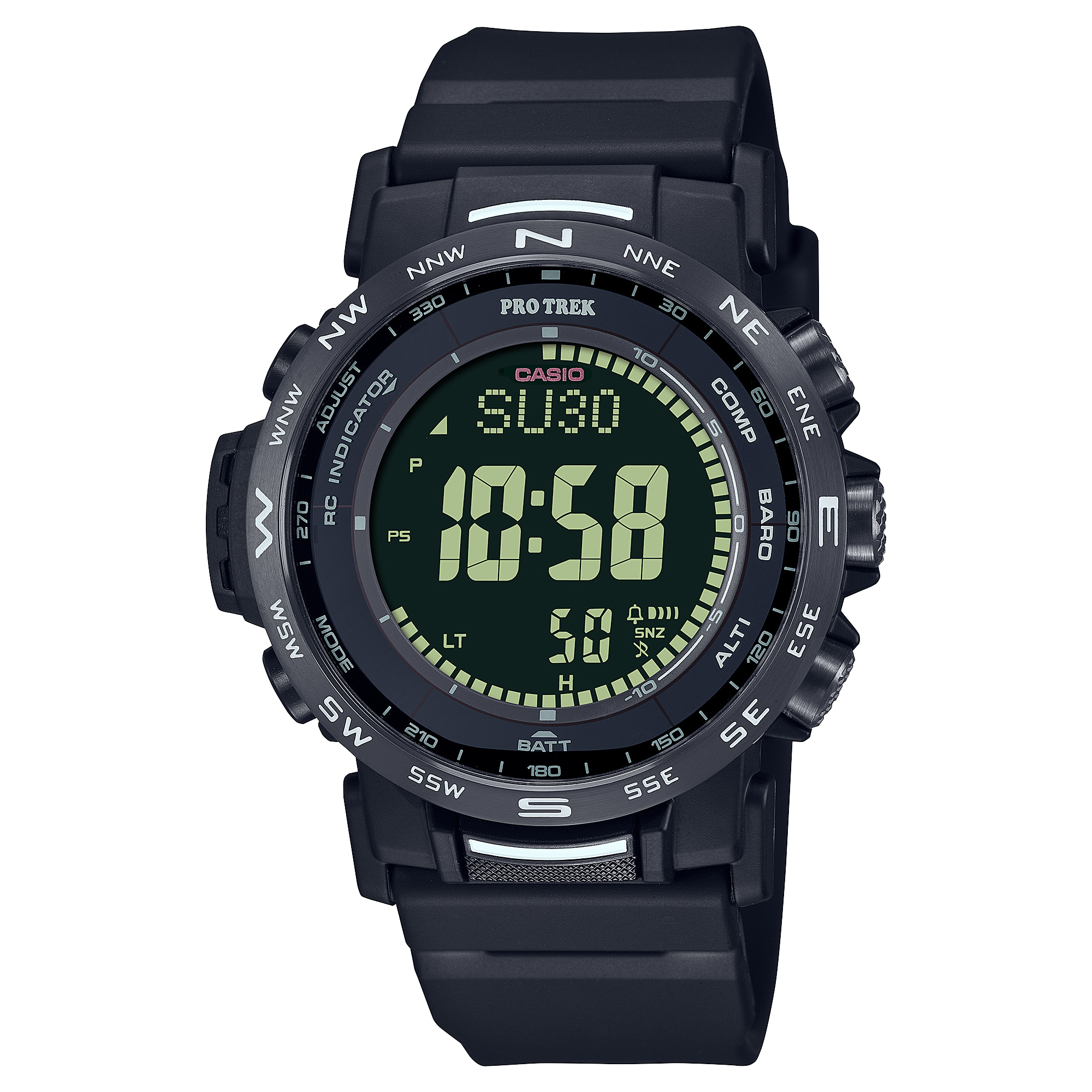 Digital sports watch with a black strap and green display.