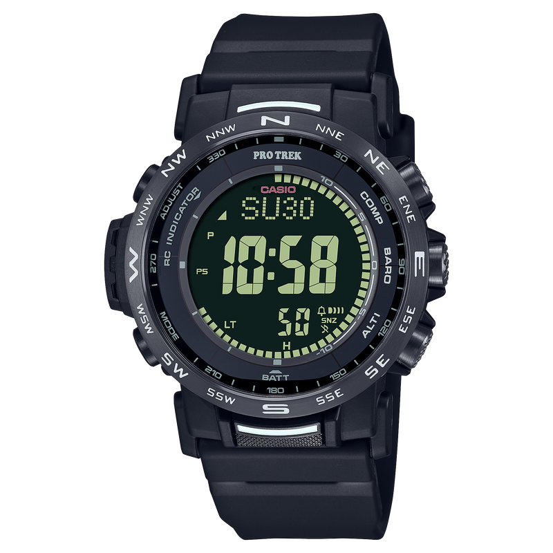 Digital sports watch with a black strap and green display.