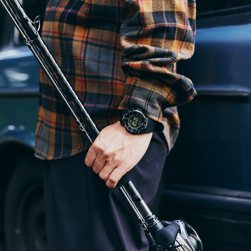 Plaid flannel shirt sleeve with a black wristwatch visible.