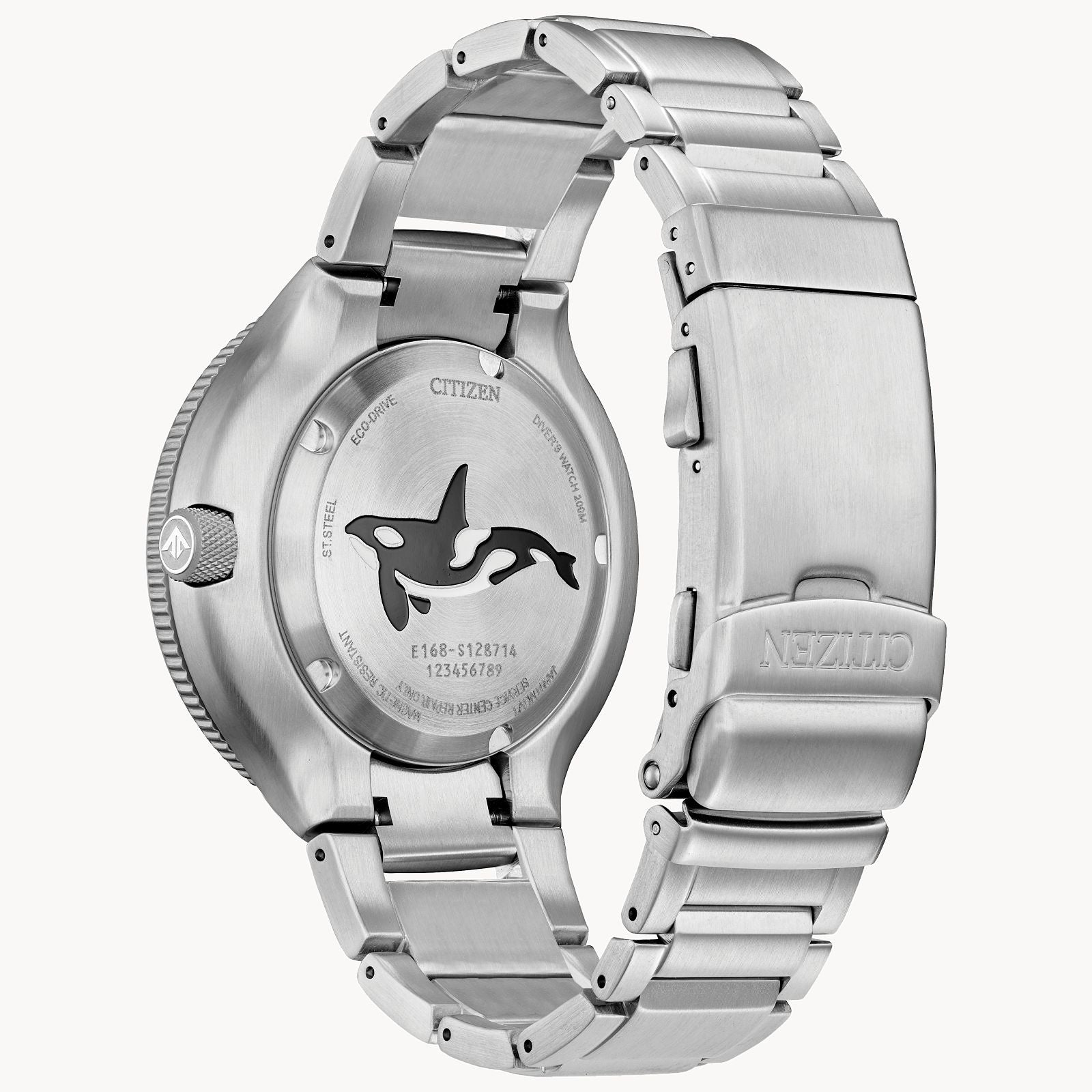 Silver wristwatch with a metal band and an orca whale design on the back.