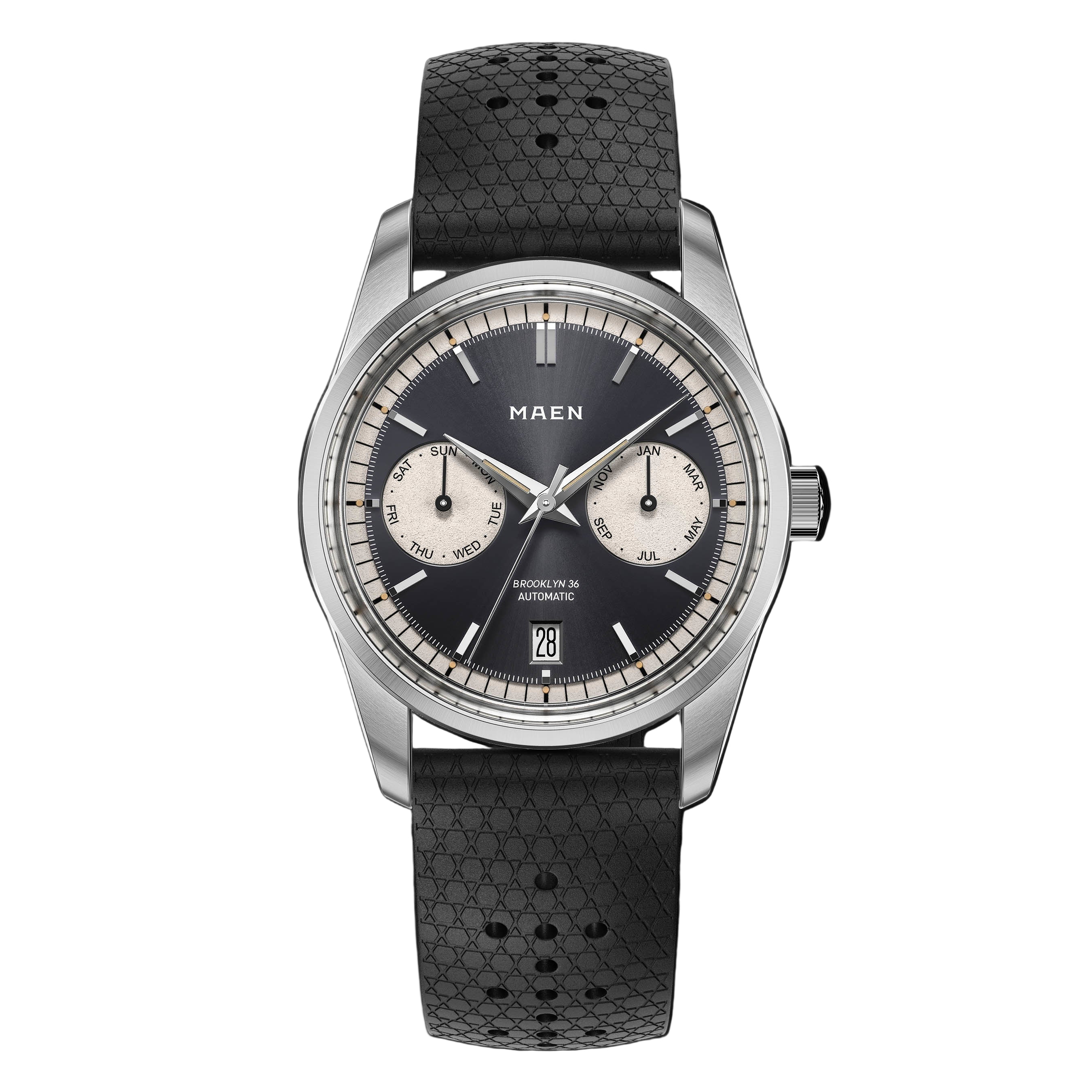 Watch with black strap and dark face on a white background