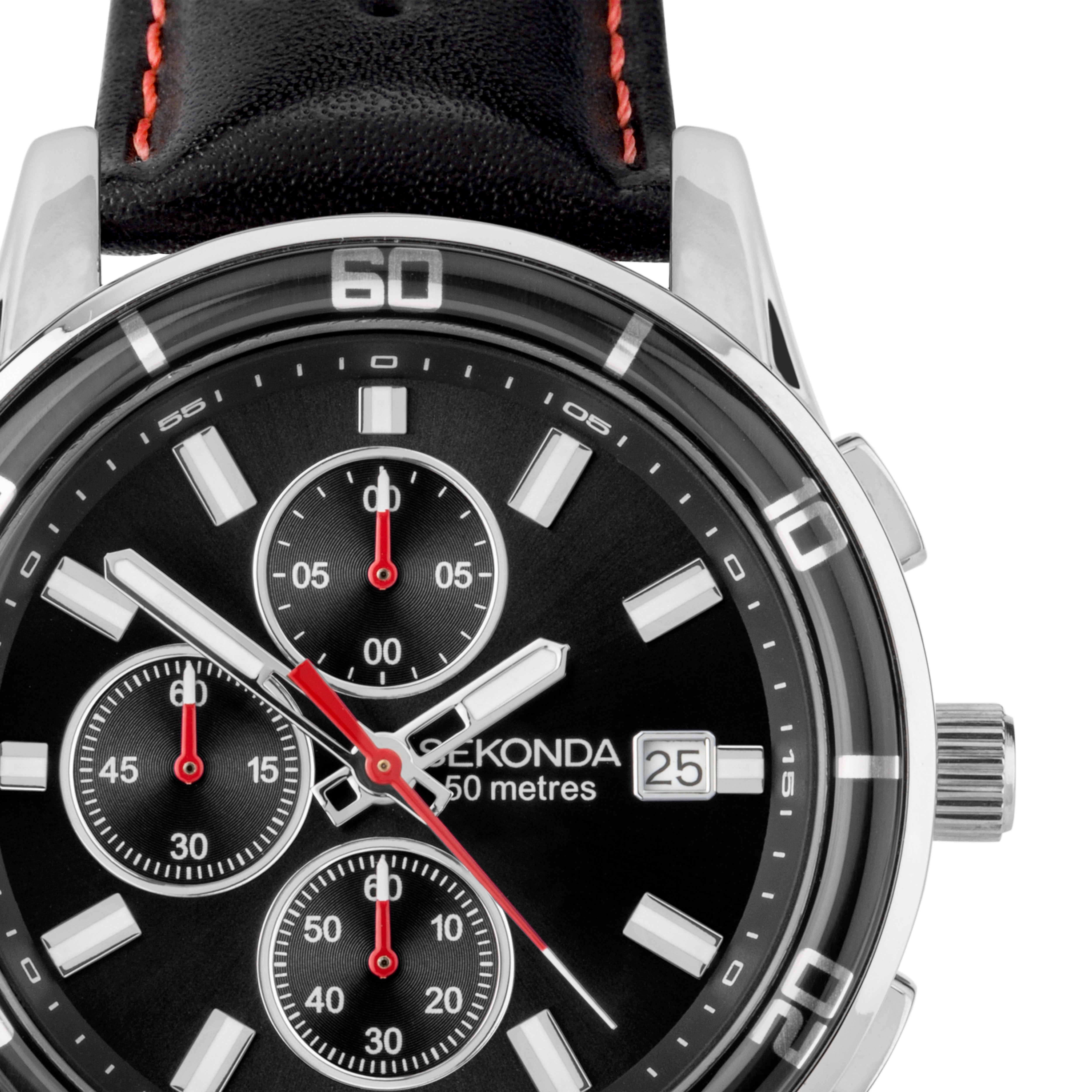 Sekonda Midnight Black Stainless Steel Mens Watch With Leather Strap