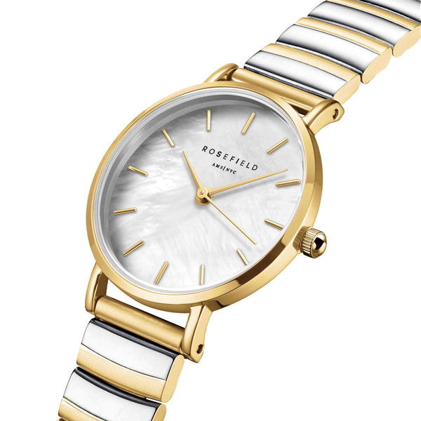 Rosefield  Small Edit White MOP Half-Moon Steel Duotone Watch SEWDSG-SE03