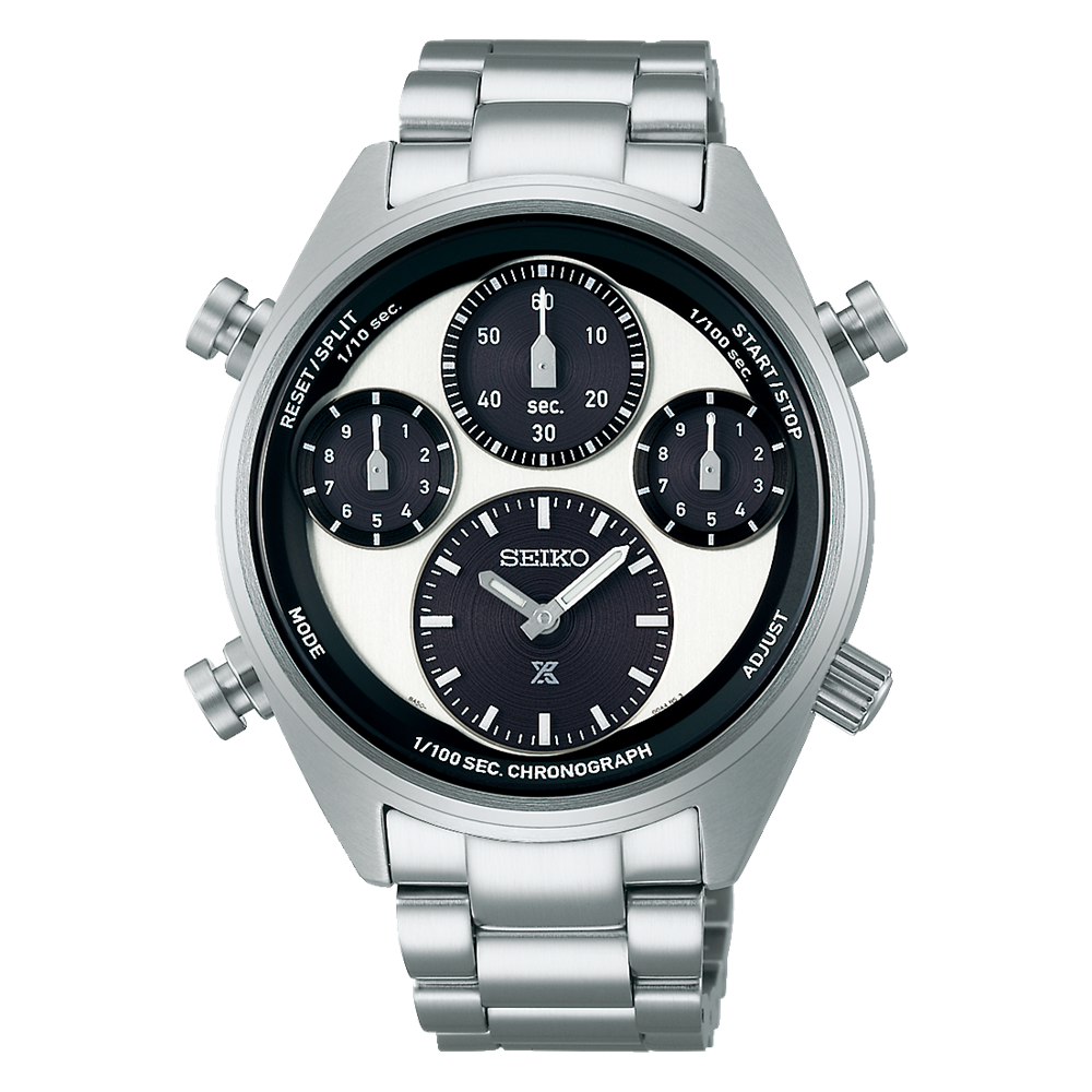 Stainless steel Seiko chronograph wristwatch with multiple subdials on a black and white face.
