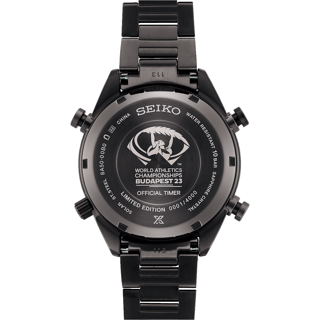 Black Seiko wristwatch with a special edition engraving on the back case.