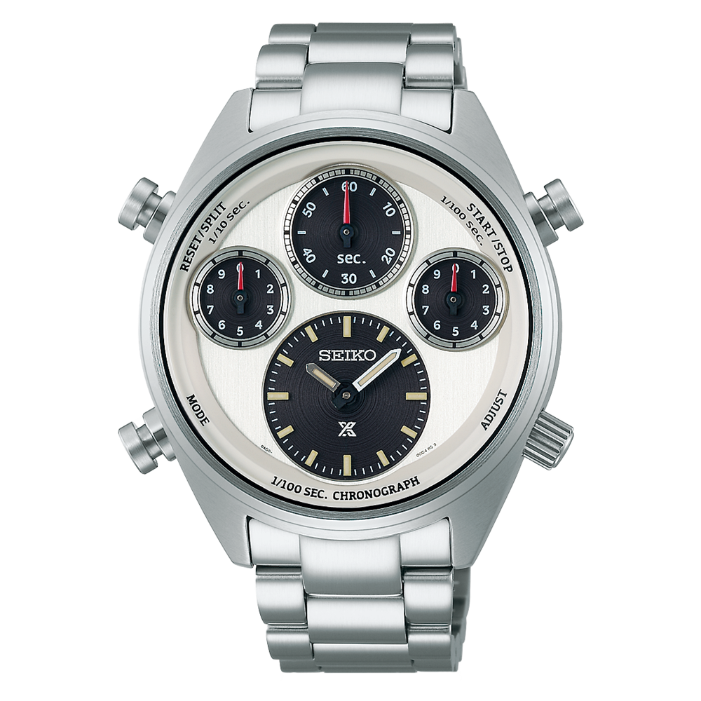 Seiko wristwatch with multiple dials and a silver metal band.