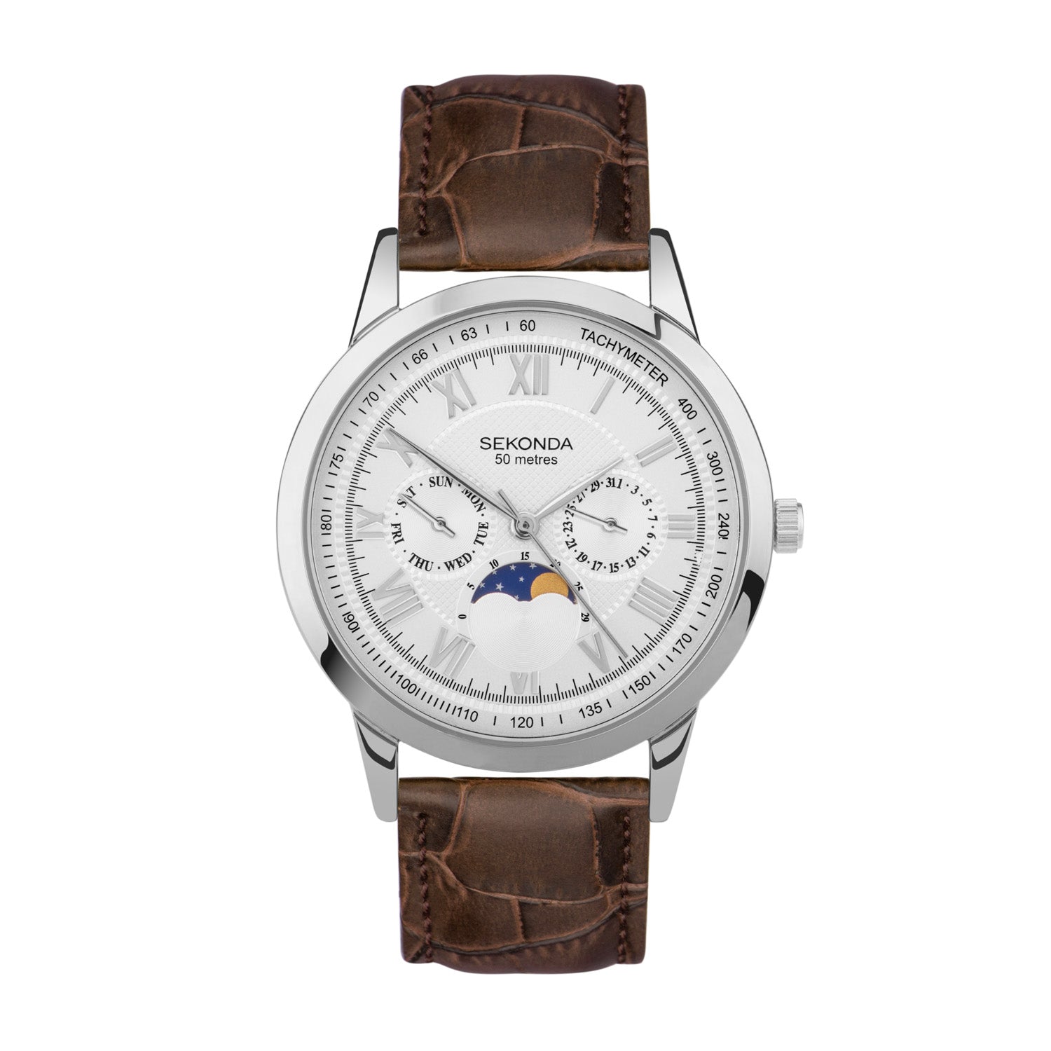 Sekonda Armstrong Moonphase 40mm Mens Luxury Brown Band Watch