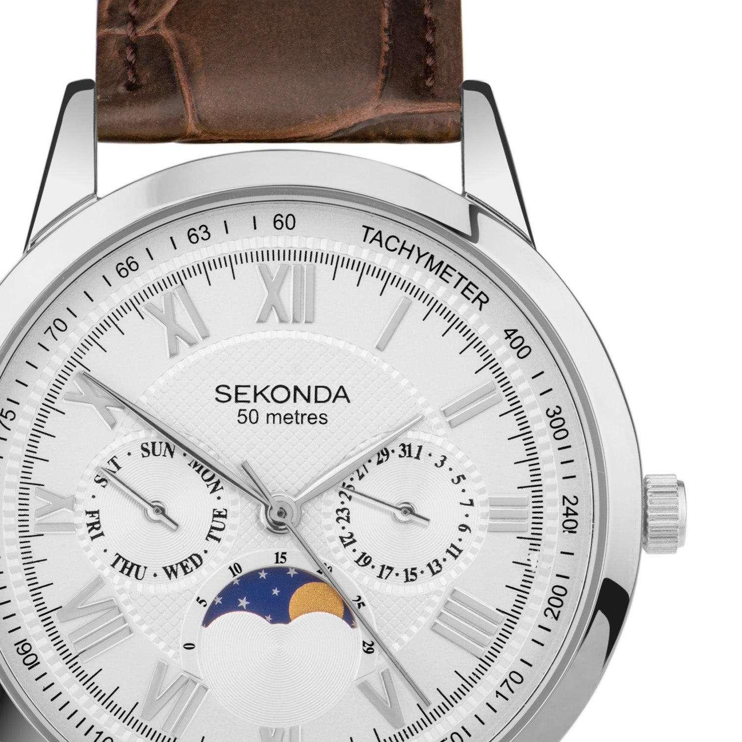 Sekonda Armstrong Moonphase 40mm Mens Luxury Brown Band Watch