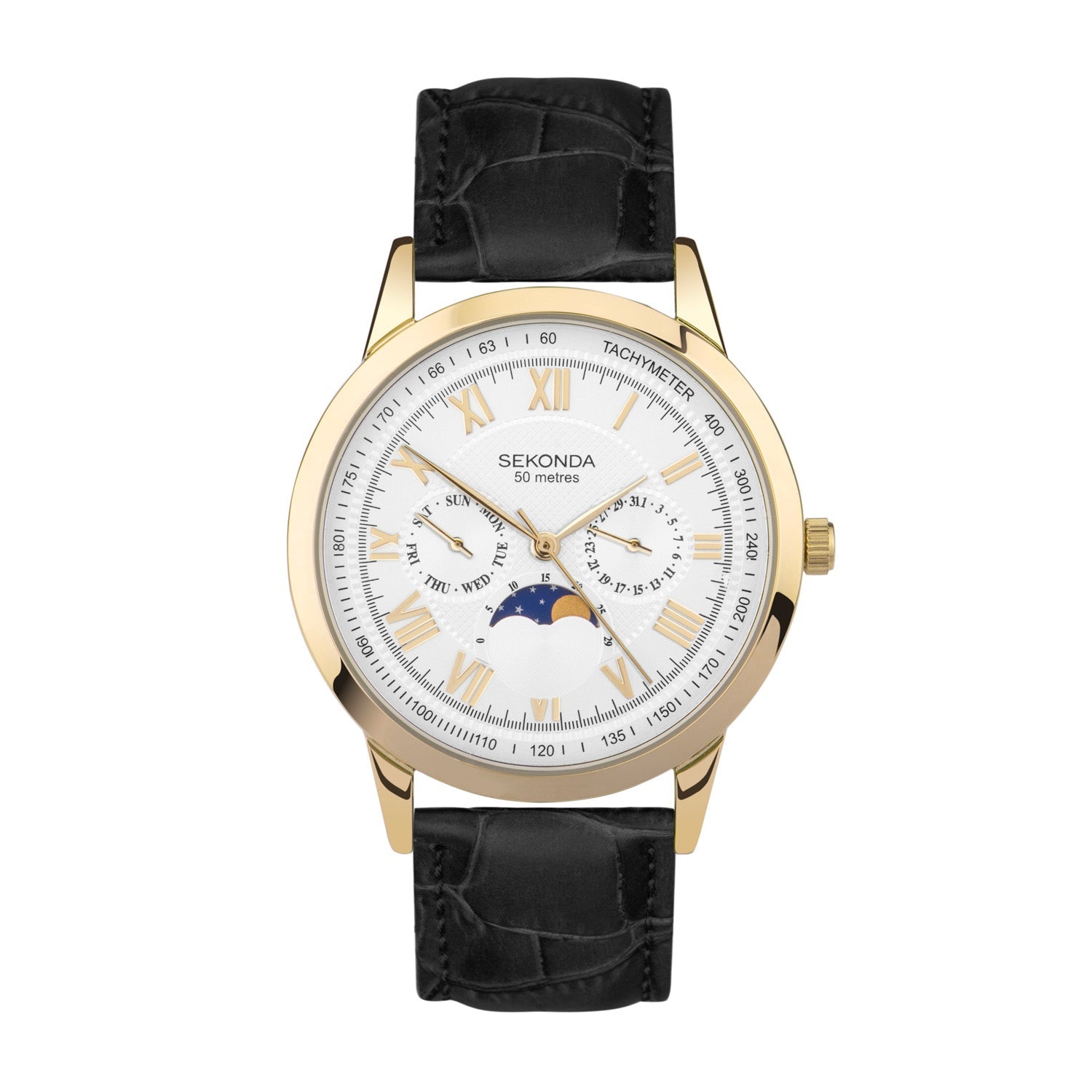 Sekonda Armstrong Moonphase 40mm Mens Watch Classic Black Band