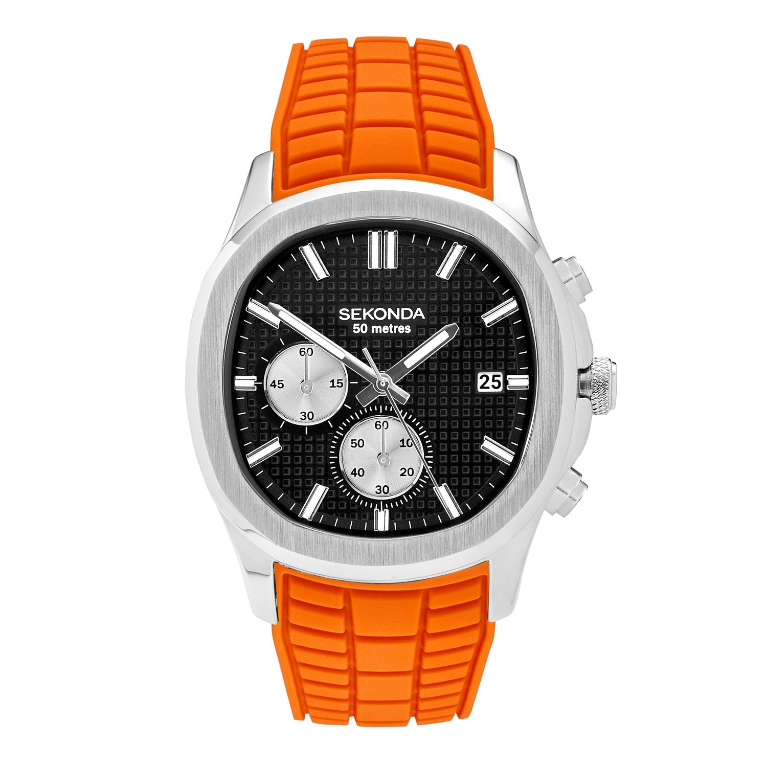 Sekonda Octaire Mens Black Dial Watch With Orange Silicone Strap 40mm