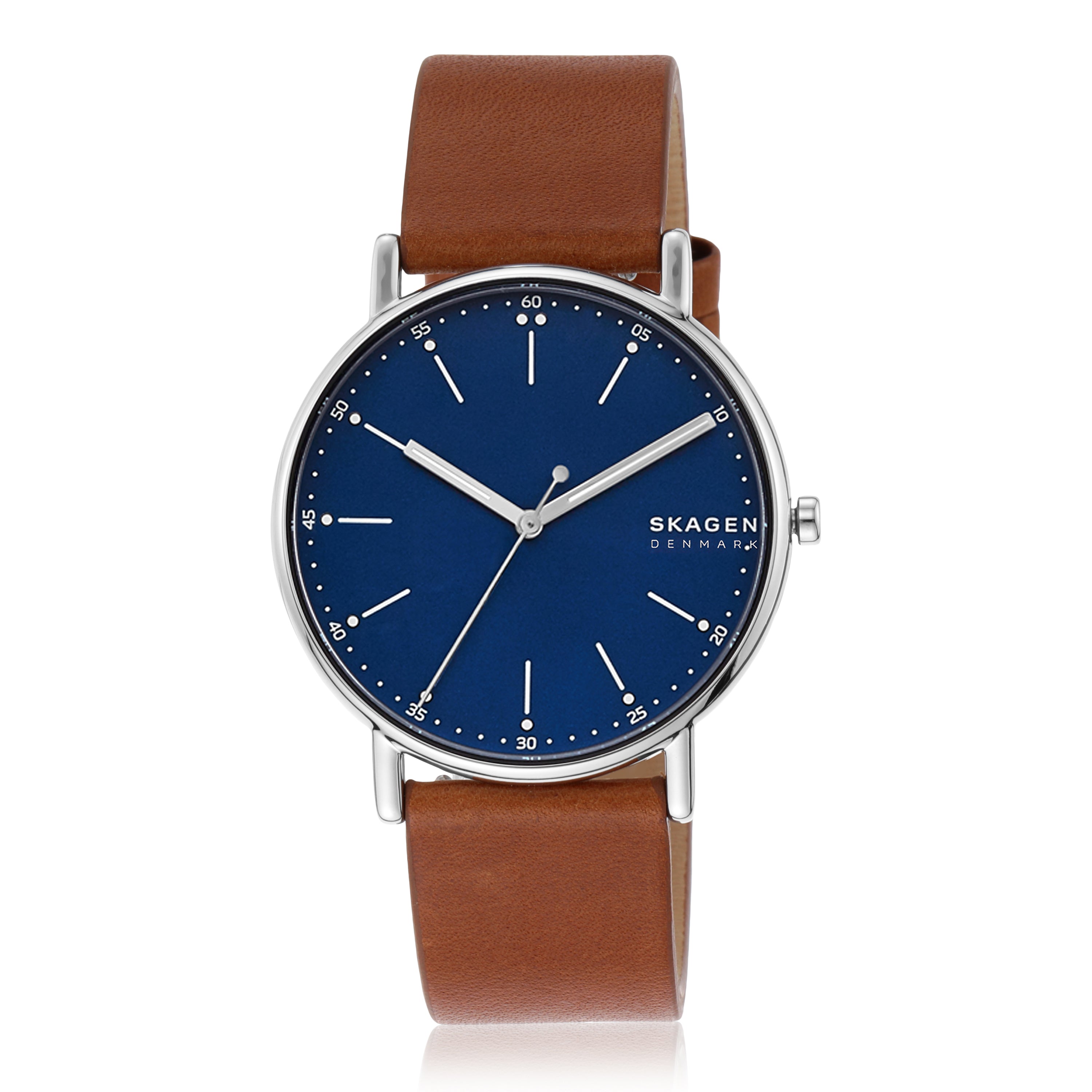 Wristwatch with a blue dial face and brown leather strap.