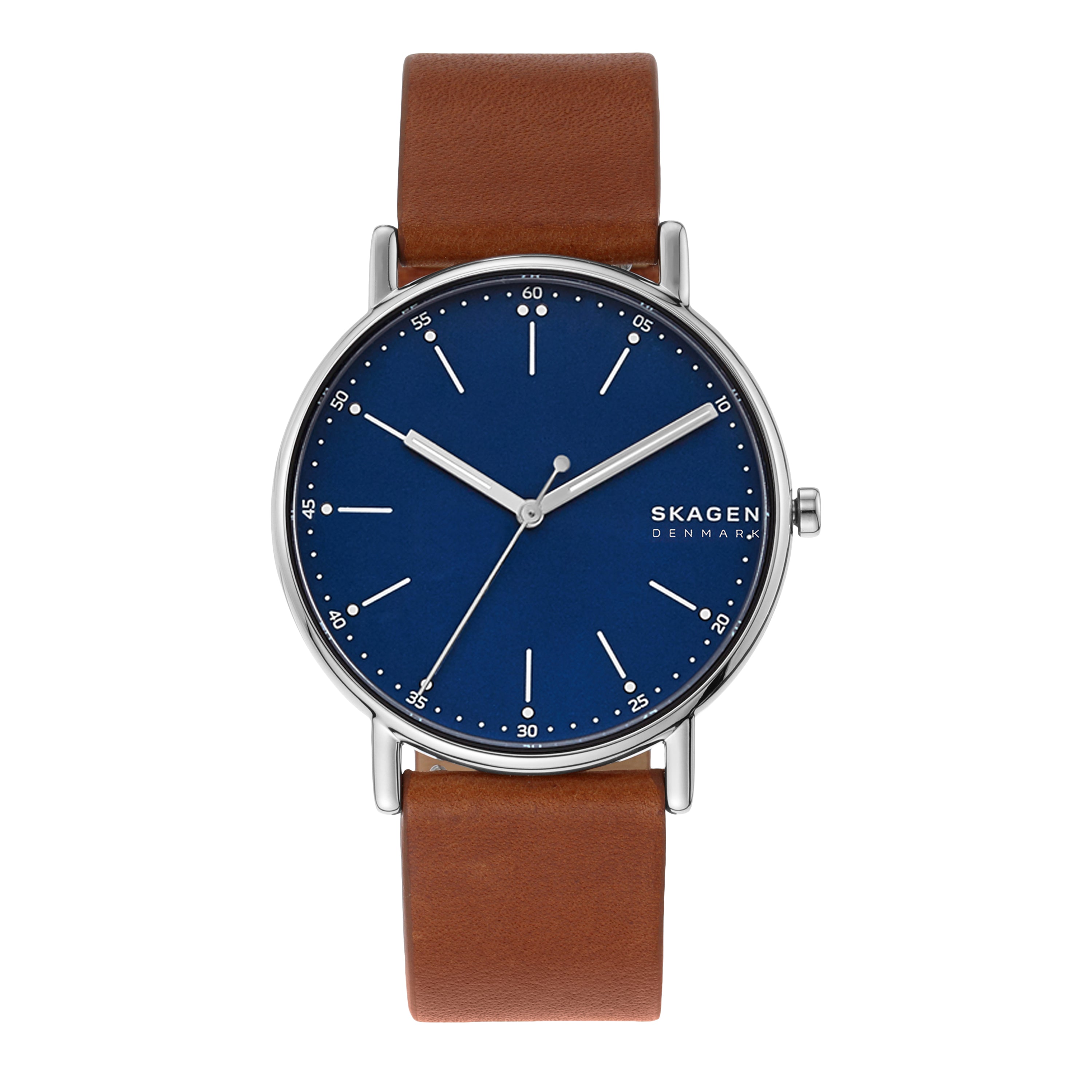 Wristwatch with a blue dial face and brown leather strap.