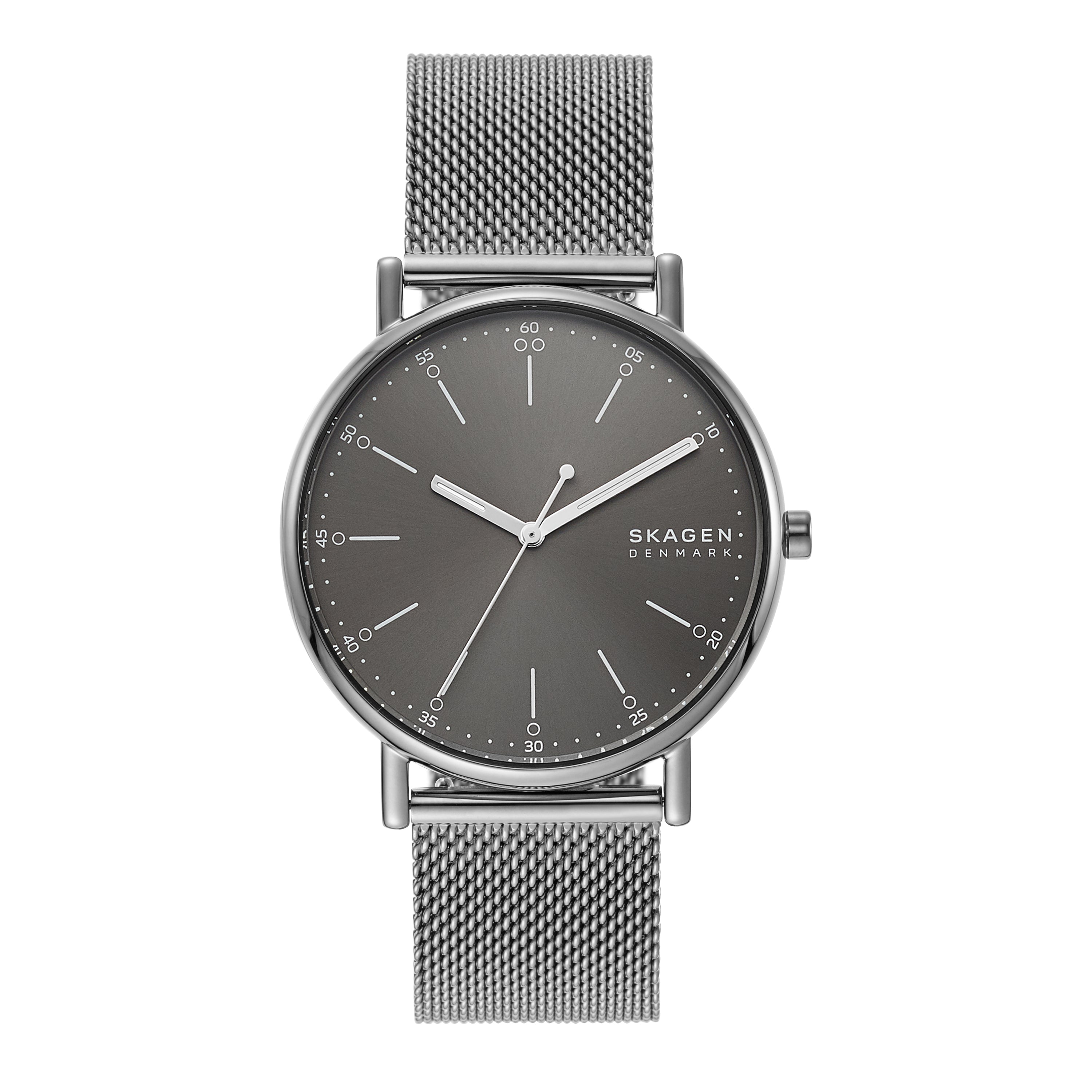 Sleek silver wristwatch with a gray dial and mesh metal band.