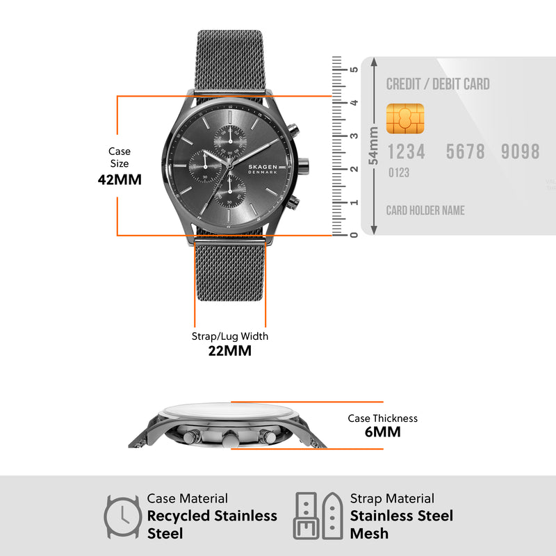 Sophisticated Skagen Holst Chronograph Watch SKW6608 in Gunmetal Steel-Mesh with 30M Water Resistance