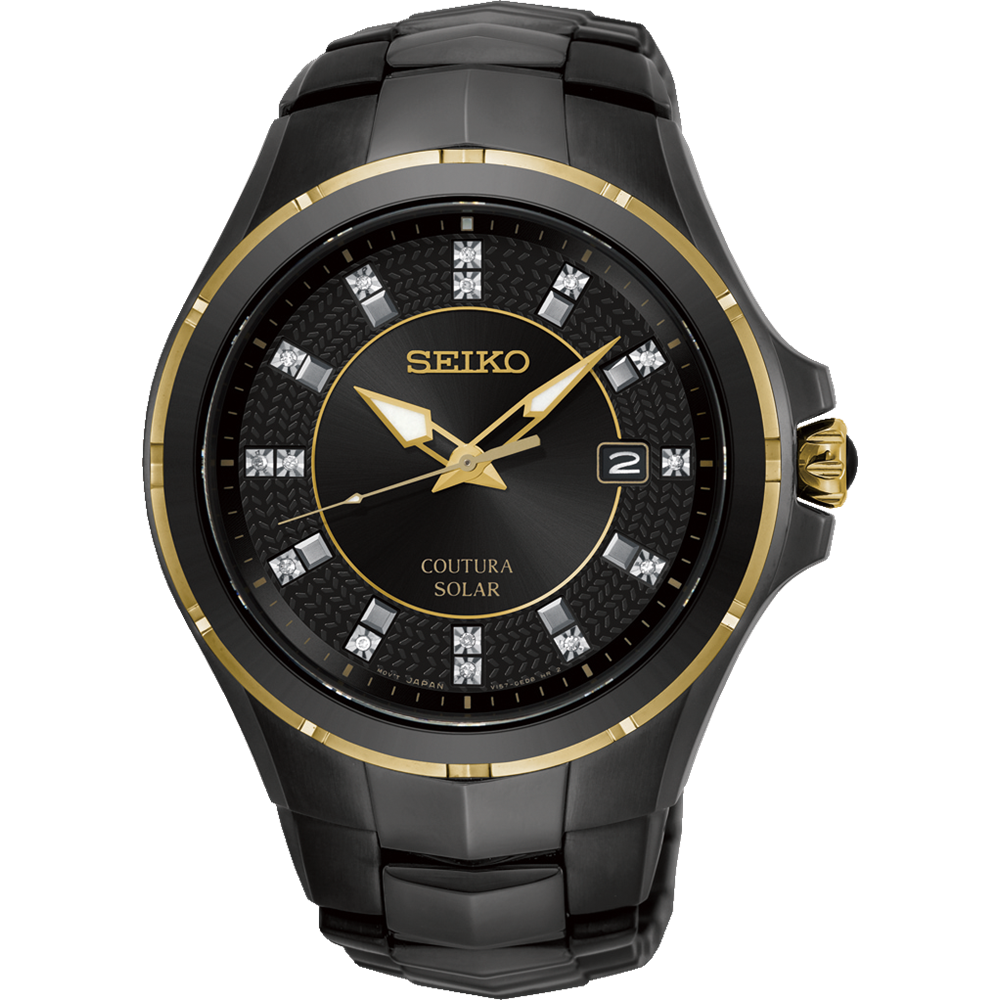Black and gold Seiko Coutura solar wristwatch with diamond hour markers.