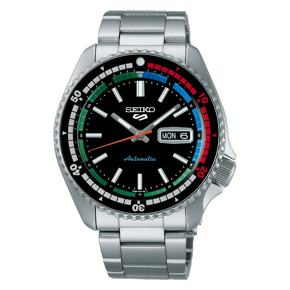 Seiko 5 Sports automatic wristwatch with a colorful bezel and stainless steel bracelet.