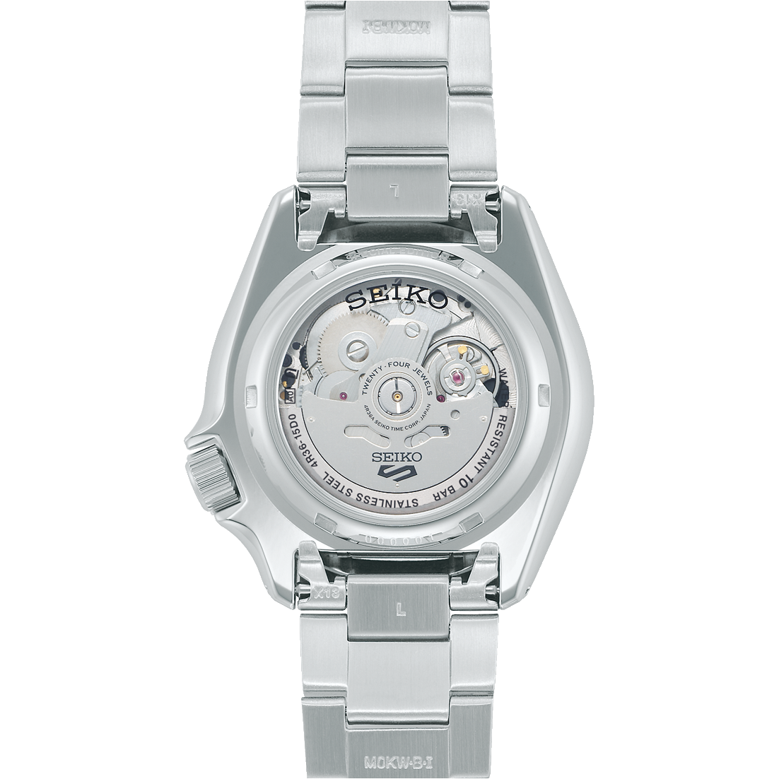 Back of a Seiko wristwatch with visible movement through a transparent case back.