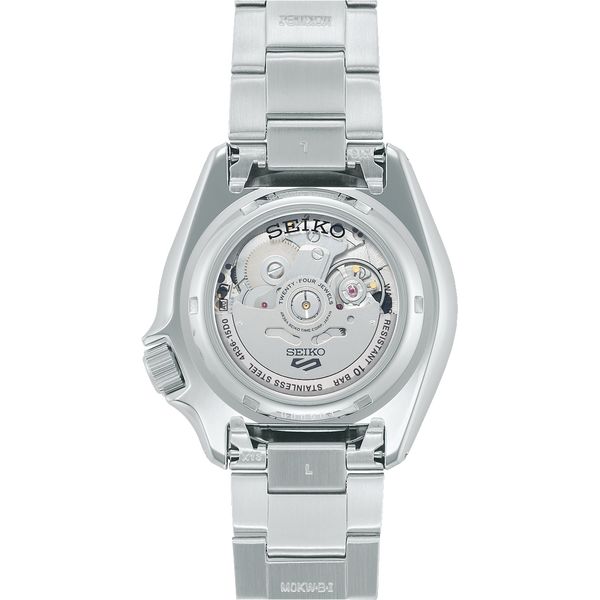 Back of a Seiko wristwatch with visible movement through a transparent case back.