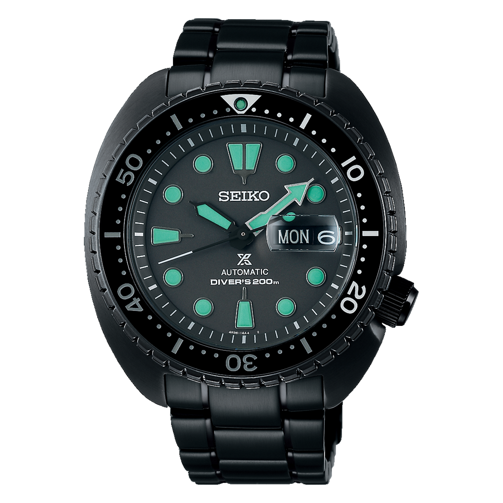 Black Seiko dive watch with turquoise hour markers and a day-date display.