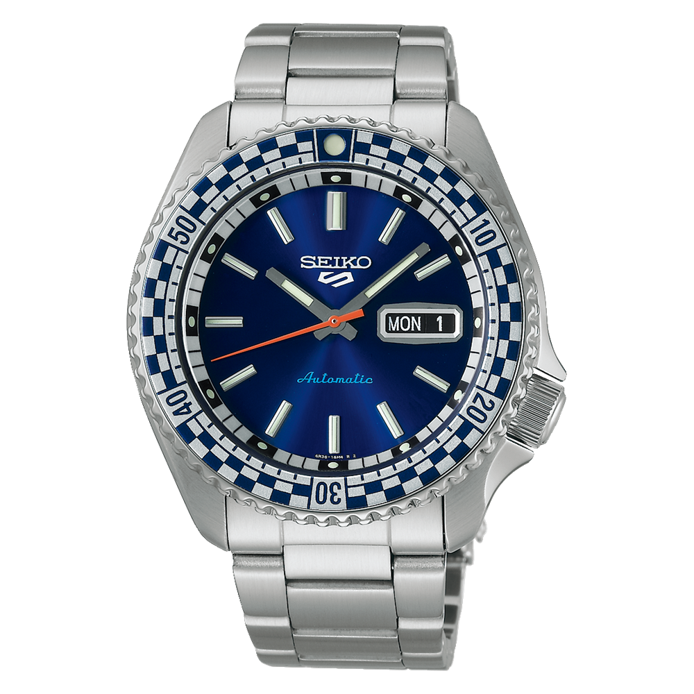 Seiko automatic wristwatch with a blue dial and stainless steel bracelet.