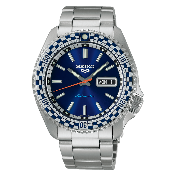 Seiko automatic wristwatch with a blue dial and stainless steel bracelet.