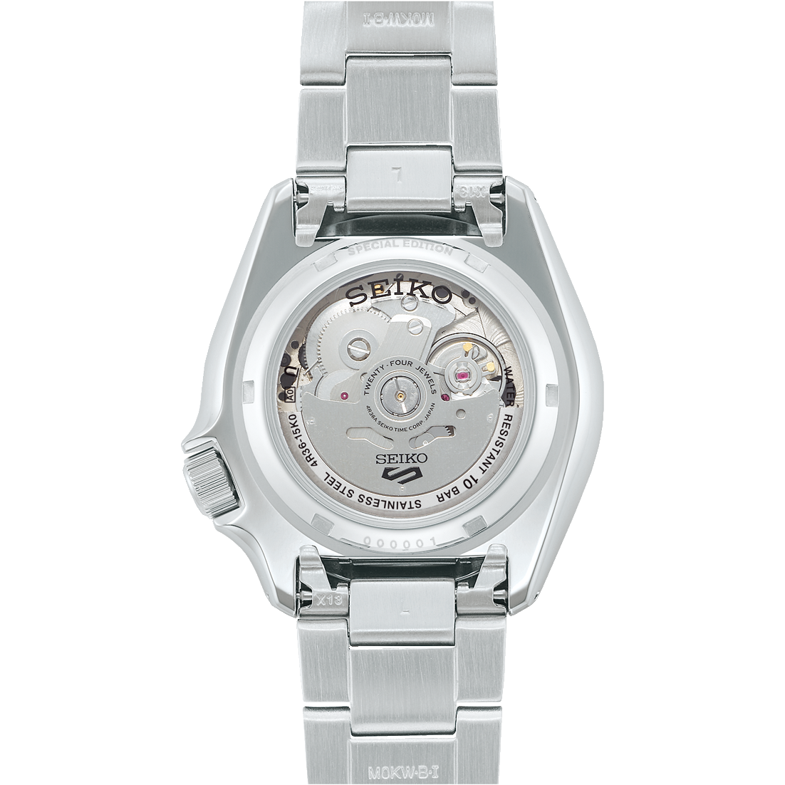 Stainless steel Seiko wristwatch with its back case visible, showing the internal mechanism.