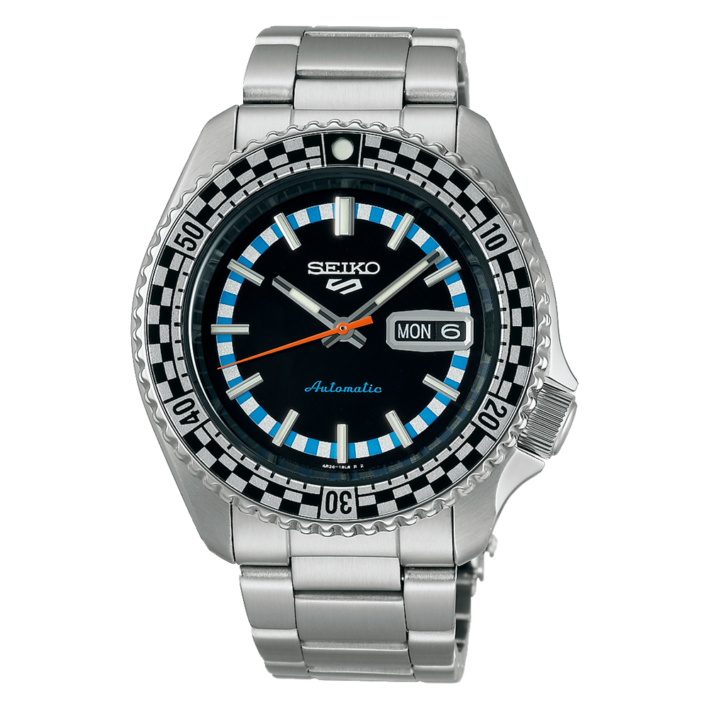 Seiko automatic dive watch with a black dial and colorful hour markers.