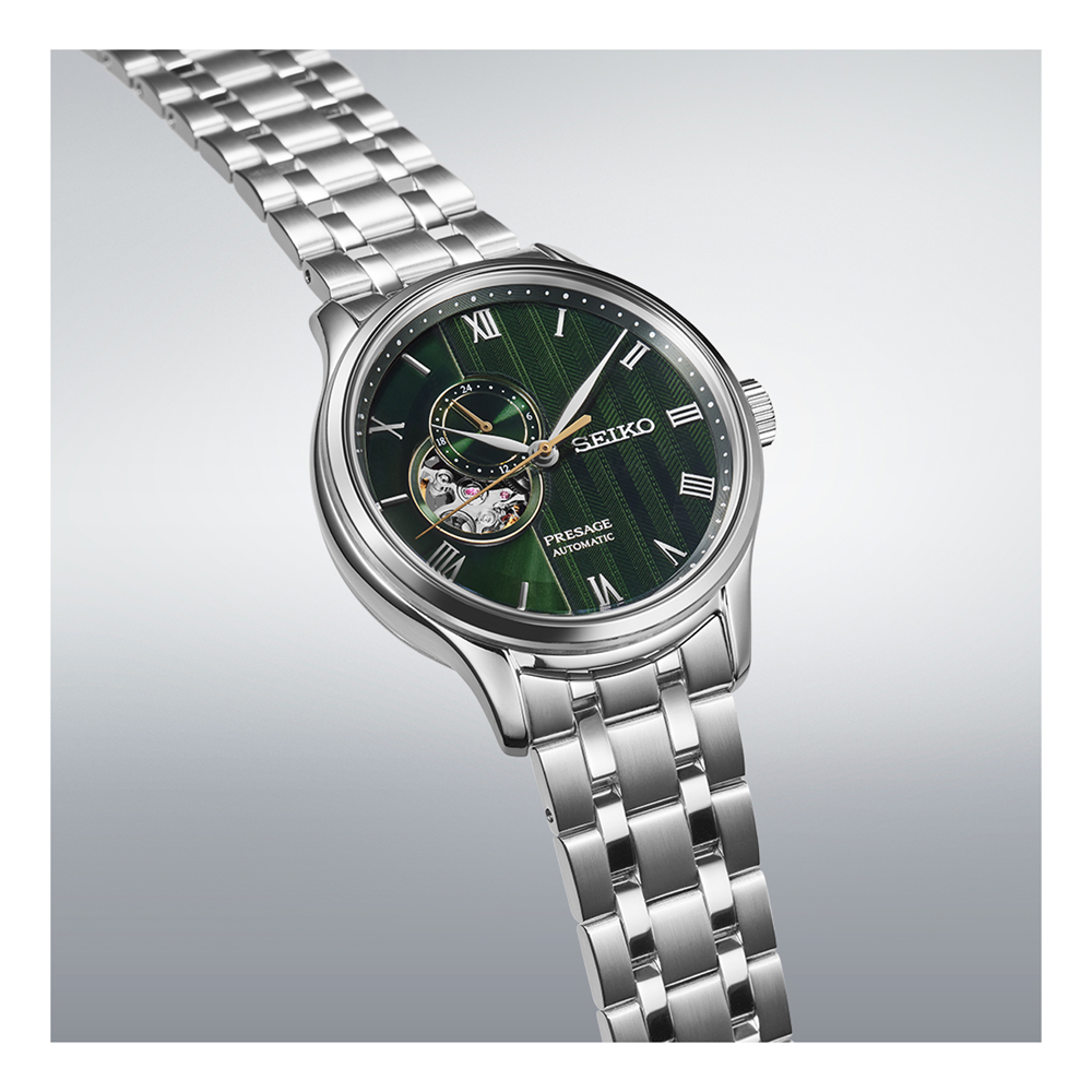 Seiko Presage Green Dial Elegant Japanese Garden Open Heart Watch SSA463J