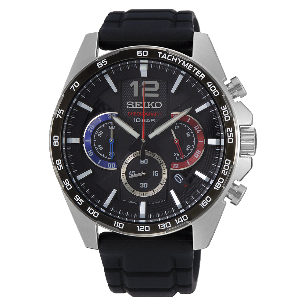 Seiko Chronograph Black Dial Silicone Strap Watch SSB347