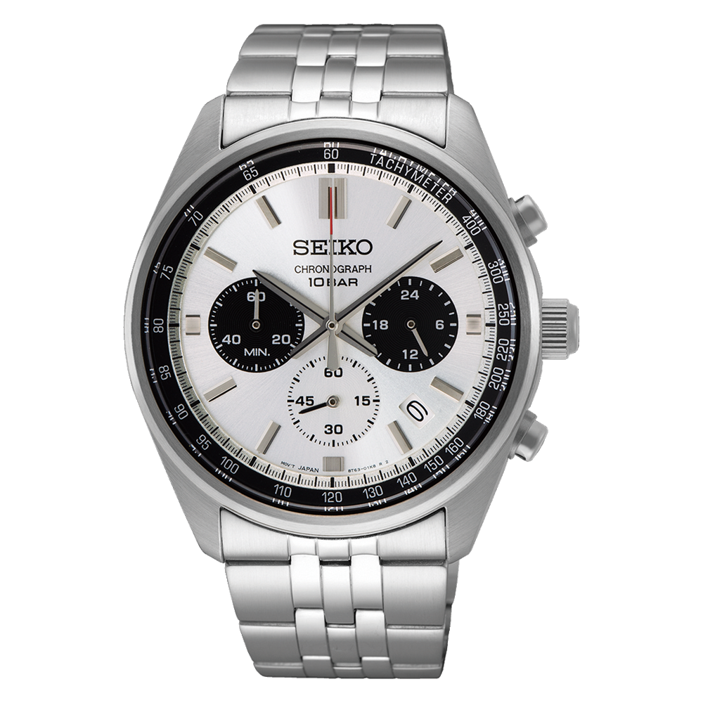 Stainless steel Seiko chronograph wristwatch with a white dial and three subdials.
