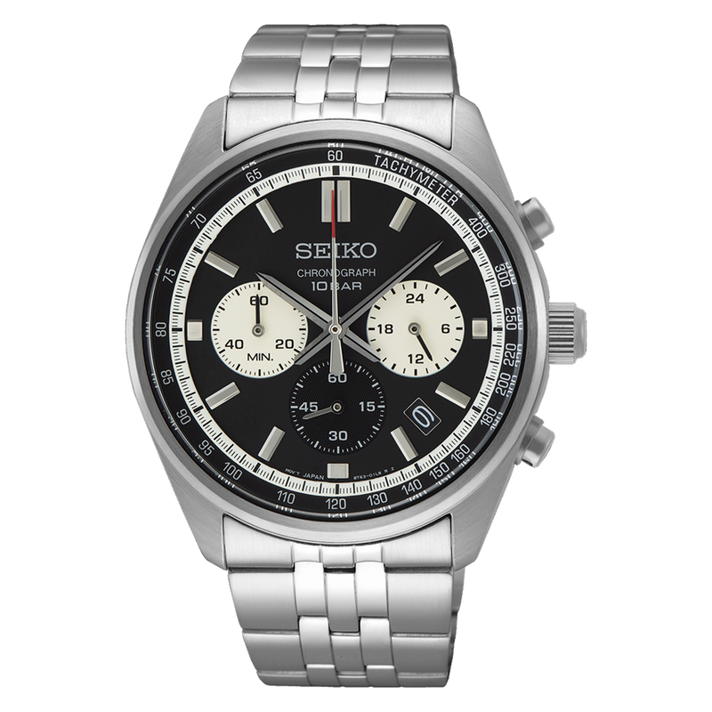 Stainless steel Seiko chronograph wristwatch with a black dial and silver subdials.