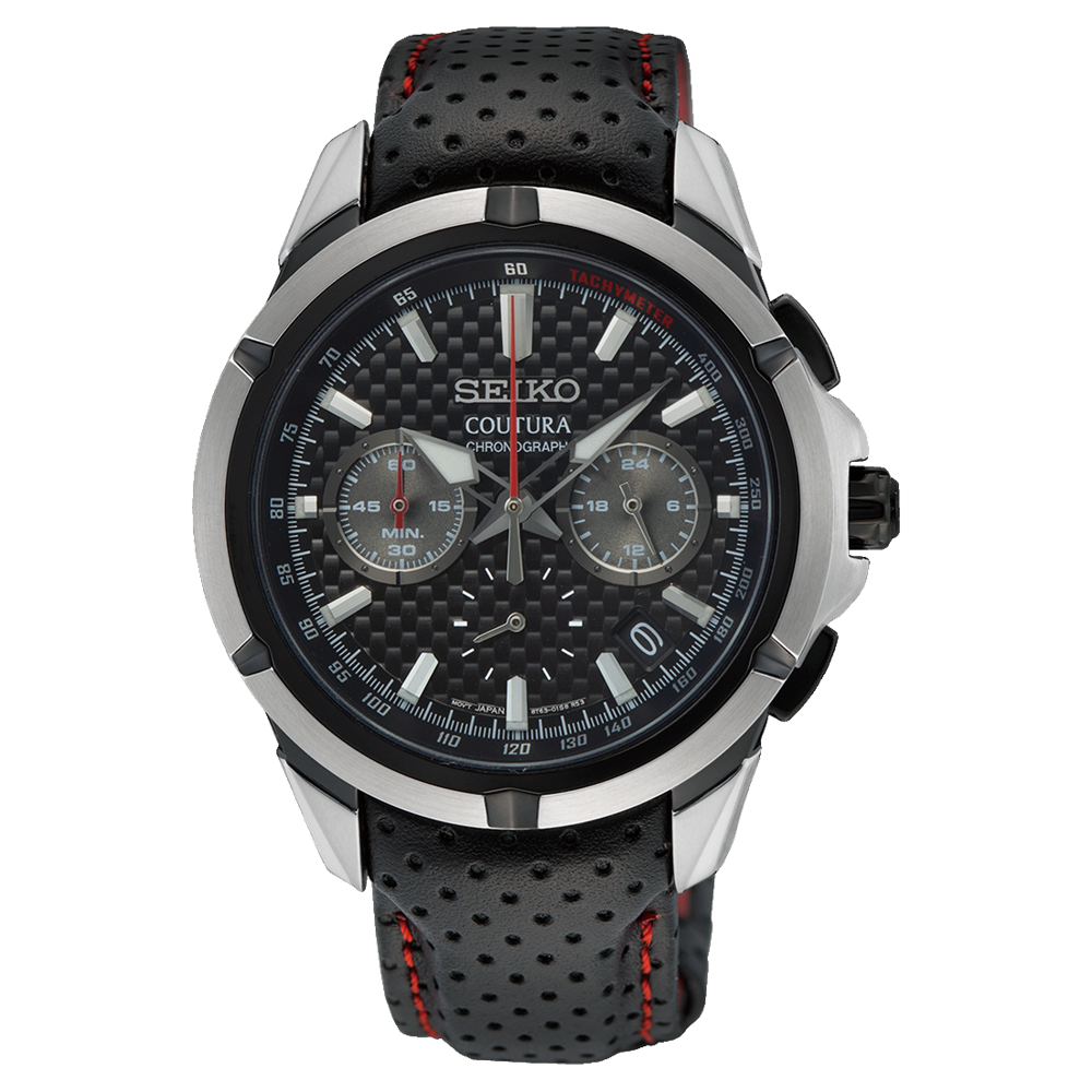 Seiko Coutura chronograph wristwatch with a black perforated leather strap and silver-toned case.