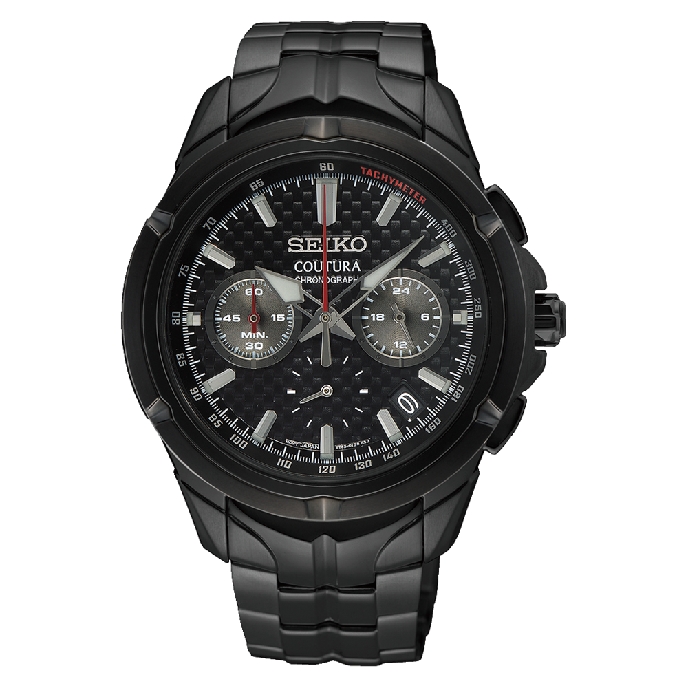 Black Seiko Coutura chronograph wristwatch with a metal bracelet.